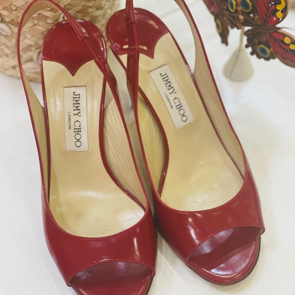 JIMMY CHOO Red Patent Leather Peep Toe Sling Back Pumps Gold Heel Sz 39 US 9 - Picture 11 of 13